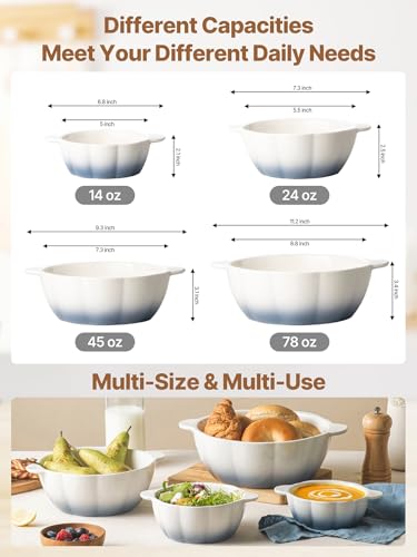 Large Soup Bowls Set of 4, Pumpkin Microwave Mixing Bowls with Handle, Ceramic Serving Bowls for Prepping, Pasta, Salad - Kitchen Cooking and Baking Supplies, Mothers Day Gift - color: White Blue, size: 4 Piece Set
