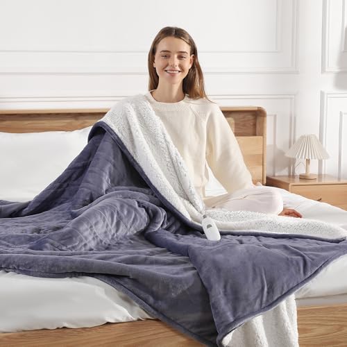 Queen Size Heated Blanket 84''X90'' Heating Blanket - Purple Electric Blanket Flannel Sherpa Double Controllers Heated Blanket with 5 Heat Settings & 10 Hours Auto-Off for Grandma Gifts(Lavender) - color: Lavender Gray, size: Queen 84" x 90"