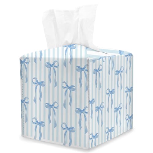 Blue Bow Tissue Box Cover Square, Coquette Cube Tissue Box Holder, Tabletop Decor Leather Facial Paper Organizer Dispenser for Bathroom Home Car Night Stand Living Room/22 - color: Blue Bow
