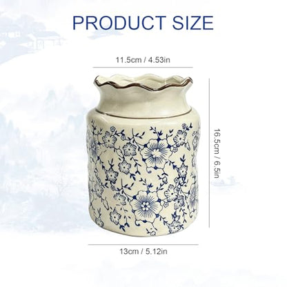 Kitchen Utensil Holder, Chinoiserie Floral Blue-and-White Porcelain Ceramic Utensil Crock – Blue Flower Storage Organizer Container for Home Kitchen Countertop