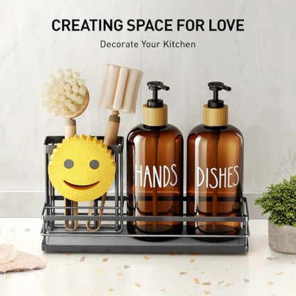 Moforoco Kitchen Dish Soap Dispenser Set, 16OZ Glass Bottle, Hand and Dish Soap Dispenser Set, Instant Dry Tray, Brush Holder with Smiley Face Sponge Holder (Black Tray+Amber Bottle) - color: Black Tray+amber Bottle