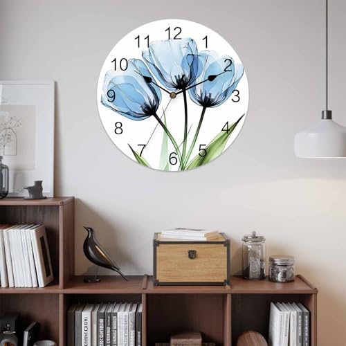 Yukro 10 Inch Blue Tulip Wall Clock, Country Flower Farmhouse Battery Operated Silent Non Ticking Clocks, Easy to Read Round Wall Clock for Kitchen/Living Room/Bedroom/Office - color: Lake Blue Green, size: 10 Inch