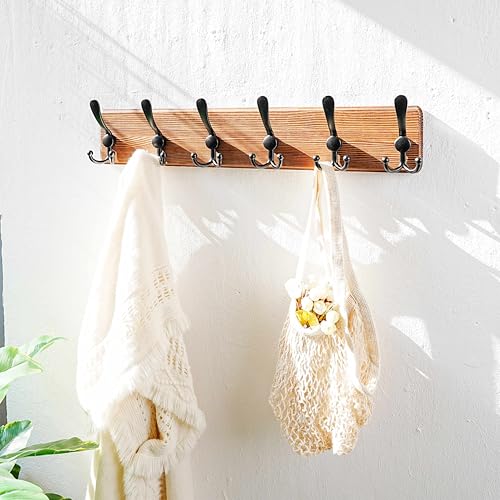 Coat Rack Wall Mounted - 24" Long 6 Tri Hooks, Heavy Duty Wooden Wall Coat Hanger Coat Hook for Clothes Hat Jacket Clothing, Natural and Black - color: Natural & Black, size: L=24"