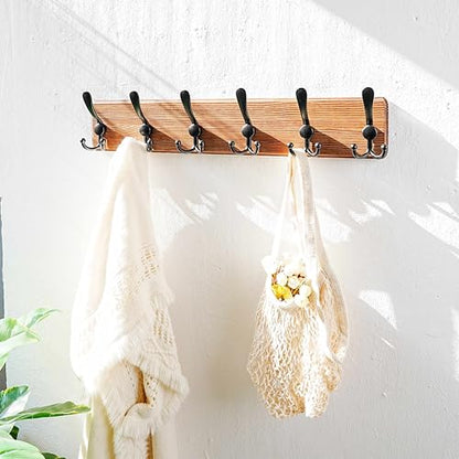 Coat Rack Wall Mounted - 24" Long 6 Tri Hooks, Heavy Duty Wooden Wall Coat Hanger Coat Hook for Clothes Hat Jacket Clothing, Natural and Black - color: Natural & Black, size: L=24"