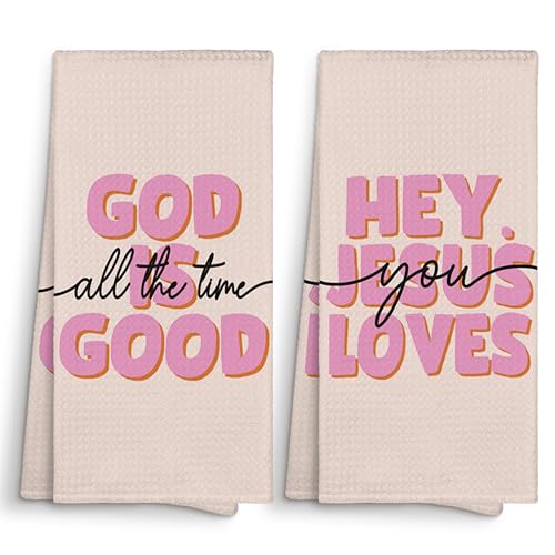 Pink Christian Kitchen Bathroom Towels Decor 16x24 Set of 2, Jesus Loves You Hand Towel Decorative Gifts for Teen Girl Dorm Room, God is Good All the Time Dish Towels Cloths Dishcloths - color: God