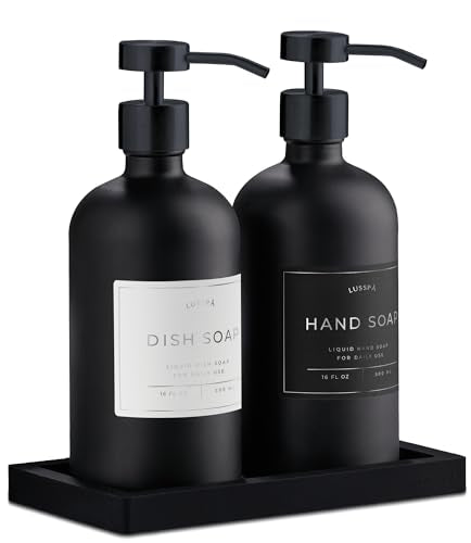 Glass Soap Dispenser Set of 2 (Black) with Silicone Tray | Hand and Dish Soap Dispenser for Kitchen and Bathroom | 16.8 Oz Glass Bottles with Stainless Steel Pump & 15 Waterproof Labels (Black) - color: Black