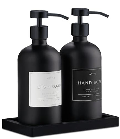 Glass Soap Dispenser Set of 2 (Black) with Silicone Tray | Hand and Dish Soap Dispenser for Kitchen and Bathroom | 16.8 Oz Glass Bottles with Stainless Steel Pump & 15 Waterproof Labels (Black) - color: Black