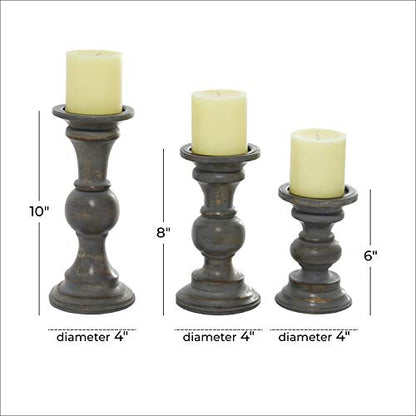 Deco 79 Wood Decorative Candle Holder Candle Stand, Set of 3 Candlestick Holder 6", 8", 10"H, Dark Gray