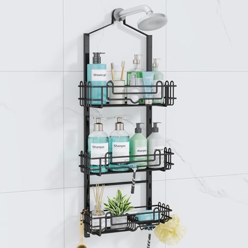 Consumest Shower Caddy Hanging – Rustproof Over Shower Head Hanger with Soap Holder and Hooks, Anti-Slip Shower Shelves for Storage, Bathroom Organizer for Apartment, Dorm, Black