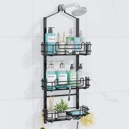 Consumest Shower Caddy Hanging – Rustproof Over Shower Head Hanger with Soap Holder and Hooks, Anti-Slip Shower Shelves for Storage, Bathroom Organizer for Apartment, Dorm, Black