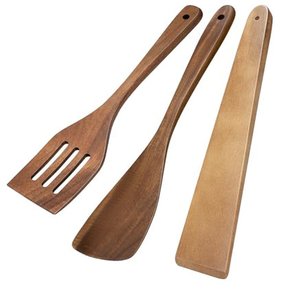 MORGLES 3Pcs Acacia Wood Spatula Set, Non-Scratch 12" Cooking Turner | Acacia wood, non-scratch for nonstick/cast iron, 3-pc w/ scraper, 12" ergo handle, flips/stirs/scrapes, gift - color: Acacia Dark Brown