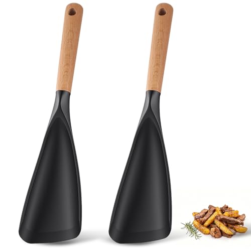 Cooking Spoon for Nonstick Cookwares, Multifunction Spatula Spoon, Great for Both Cooking and Serving, Wood Handle Spoon for Stirring, Mixing, Serving (2, BLACK) - color: Black