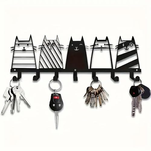 Metal Key Holder Wall Mount with Decorative Hooks, Iron Wall Key Rack Organizer for Entryway, Hallway or Kitchen, Rustic Black Metal Wall Decor Key Hanger with Multiple Hooks - style: Abstract Cat