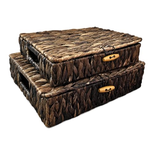 Wicker Storage Basket with Lid 2-Pack, Water hyacinth woven shelf basket | Lid design with built-in handles on both sides, Suitable for the living room, bedroom, storage room, vanity, and cabinets - color: Caramel color