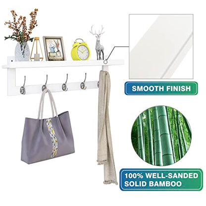 SMIBUY Coat Hooks with Shelf Wall-Mounted, 29.2 Inch Entryway Coat Rack for Wall, Bamboo Hanging Shelf with 5 Double Metal Hooks for Bathroom, Bedroom, Kitchen, Living Room, Mudroom (White) - color: White