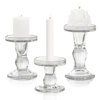 GUTE Glass Candle Holders 3 Pcs Crystal Clear Candlesticks Table Decor | Pillar/Taper/Tealight Candle Compatible,Thickened Crystal Glass,Stable Base,Wedding Centerpiece,Party,Dining Room,Decor