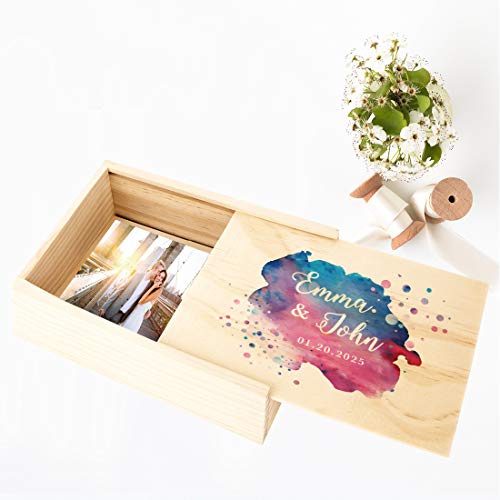 Koyal Wholesale Custom Watercolor Splatter Wedding Keepsake Box, 4 x 6 -inch, Custom Name, Date, Natural Wood - color: Watercolor Splatter