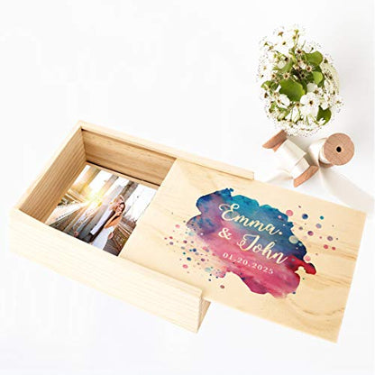 Koyal Wholesale Custom Watercolor Splatter Wedding Keepsake Box, 4 x 6 -inch, Custom Name, Date, Natural Wood - color: Watercolor Splatter