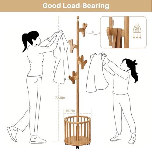 Uniclinens Solid Wood Coat Rack Freestanding with Umbrella Holder, Tree Coat Rack Stand with Lockable Universal Casters & 12 Hooks for Entryway Bedroom, Natural - color: Natural, size: Coat Tree