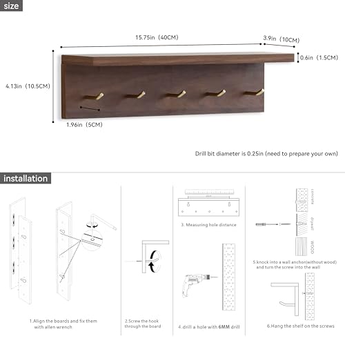 Marine Plywood Wall Mounted Coat Rack with Shelf & Key Hooks, 5 Brass Hooks Entryway Organizer, Modern Floating Shelf for Bedroom Hallway, Space-Saving Home Storage Rack (1, Walnut Finish) - color: Walnut Finish