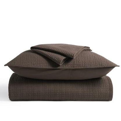 100% Cotton Modern Grid Stitch Quilt Set, King Size, Dark Brown | Pre-Washed Cotton Coverlet Bedspread, Oversized Lightweight 3-Piece Bedding Set for All Season, with 2 Pillow Shams - color: Dark Brown, size: King (110" X 94")