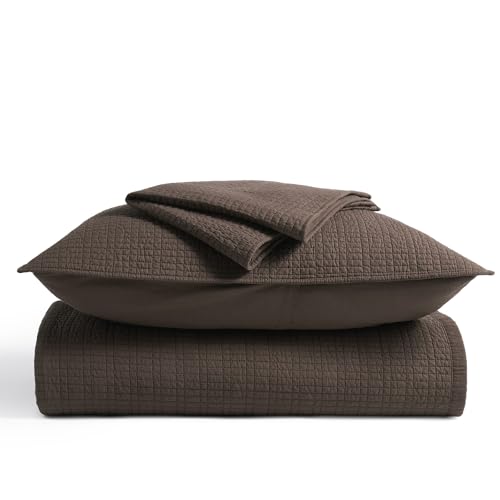 100% Cotton Modern Grid Stitch Quilt Set, Queen Size, Dark Brown | Pre-Washed Cotton Coverlet Bedspread, Oversized Lightweight 3-Piece Bedding Set for All Season, with 2 Pillow Shams - color: Dark Brown, size: Full/Queen (96" X 94")