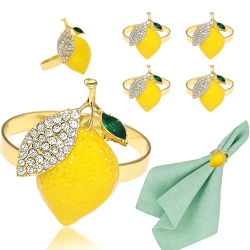 Tropical Lemon Napkin Rings Set of 6 Sparkly Rhinestone Fruit Napkin Holders for Summer Beach Wedding Pool Party Fall Garden Holiday Gatherings Rustic Farmhouse Daily Table Decor - style: Lemon