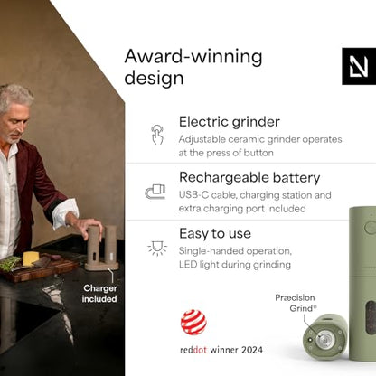 LARS NYSØM Electric Salt and Pepper Grinder Set, USB Rechargeable, Automatic Salt and Pepper Mills, Spice Shakers Refillable with LED Light, Adjustable Coarseness, Ceramic Grinder (Sage Green) - color: Sage Green