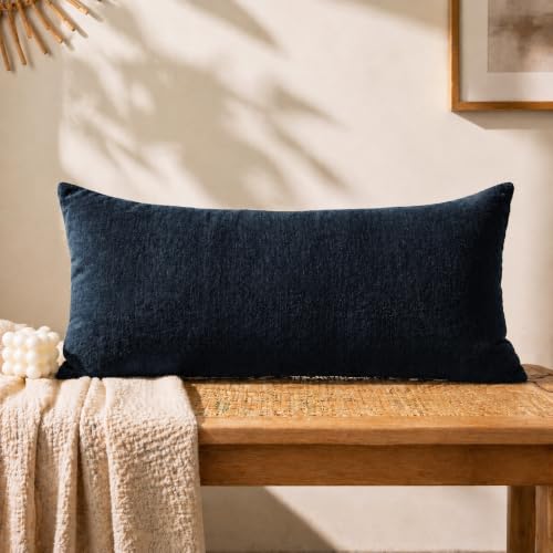 JoraLion Chenille Lumbar Pillow Covers 14X26 inch Dark Blue | Solid Dyed Decorative Throw Pillow Covers, Plain Farmhouse Soft Chenille Cushion Case for Couch Sofa Bed Room, Pack of 1 - color: Dark Blue, size: 26" x 14" (Pack of 1)