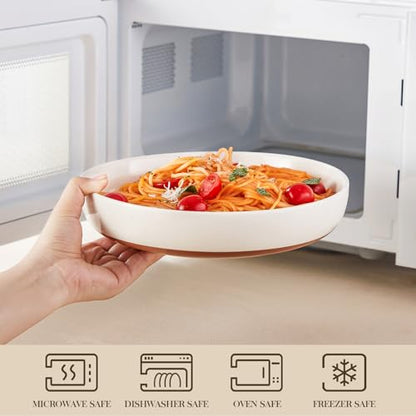 MALACASA 48 Oz Pasta Bowls Set of 4, Ceramic Soup Bowls, TARA Khaki White | Microwave and Dishwasher Safe, Chip-Resistant, For Salad, Soup, Fruit, and Dessert, 9 Inch Wide, Stackable, Modern Design - color: Khaki White
