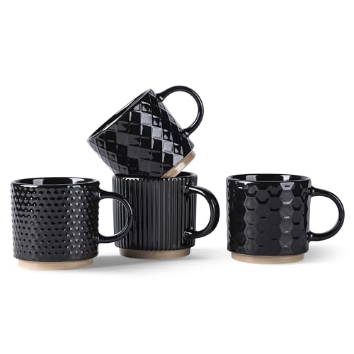 GBhome 6 OZ Stackable Coffee Mugs Set of 4, Ceramic Coffee Cups Set | 4 Assorted Designs, Embossed Mugs with Texture Patterns for Espresso/Tea, Dishwasher&Microwave Safe, Black - color: Black, size: 6 Ounces