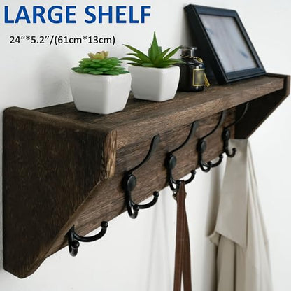 WEBI Coat Rack Wall Mount with Shelf,24" Long Wall Shelf with Hooks Underneath,5 Triple Hooks for Entryway,Hallway,Bedroom,Weathered Brown - color: Weathered Brown, size: 24 Inch
