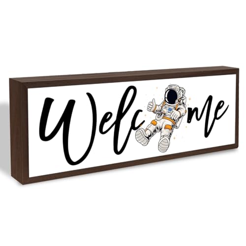 Welcome Wood Home Decor Signs, Welcome Astronaut Wood Plaque, Home Tabletop Desk Decorative Sign, Space Boys Room Home Decor, Hanging Decorative Wooden Plaque 9.5x3.1 Inches(A14) - color: welcome 14