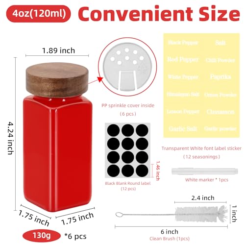 6Pcs 4 oz Square Glass Spice Jars with Label, Empty Spice Containers with Wooden Lids, Square Seasoning Containers and Supplement Set, Small Seasoning Bottles for Salt, Sugar, Pepper (Red) - color: Red