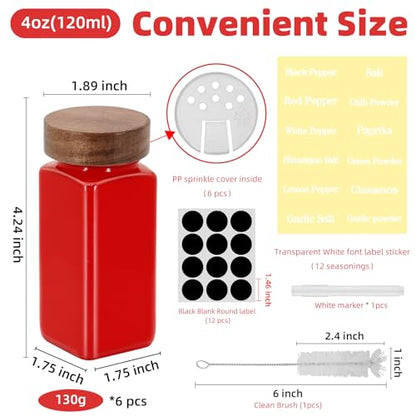 6Pcs 4 oz Square Glass Spice Jars with Label, Empty Spice Containers with Wooden Lids, Square Seasoning Containers and Supplement Set, Small Seasoning Bottles for Salt, Sugar, Pepper (Red) - color: Red