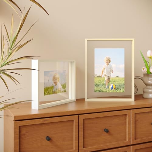 Egofine 8x10 Floating Frames Set of 2, Double Plexiglass Picture Frame, Made of Solid Wood Display Any Size Photo up to 8x10, Wall Mount or Tabletop Standing, Natural Wood - color: Natural Wood, size: 8x10