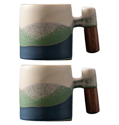 2-Oz Ceramic Espresso Cups with Wood Handle, 2/4-Piece Set for Coffee, Tea, Latte - Dishwasher Safe, Multi-Color & Wood Styles, Gift & Café Use (Kiln turning blue, Wooden Handle2) - color: Kiln turning blue, size: Wooden Handle2