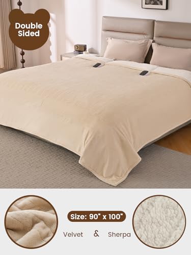 Bearhug Electric Blanket King Size with Dual Controls, 10 Heat Levels & 1-12H Auto Shut-Off, Fast Heating Soft Velvet to Sherpa Heated Blanket for Couples, Machine Washable, Beige - color: Beige, size: King Size 100" × 90"