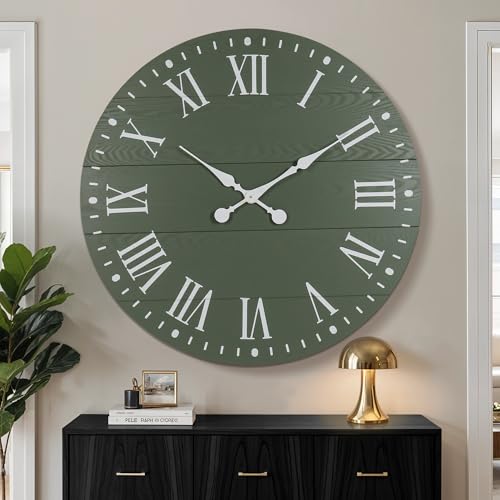 Large Wall Clock with Roman Numeral, 35.5” Shiplap Farmhouse Clock | Green Hanging Clock Nearly Non-Ticking, Decorative Round Clock for Living Room Decor, Office, Bedroom, Entrance - color: Green