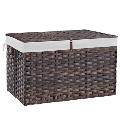 180L Wicker Storage Basket with Lid, Handwoven Rattan Large Shelf Basket with Removable Liner, 47.6 Gallon Wicker Basket for Blanket, Storage Trunk with Handle for Closet, Bedroom, Livingroom, Brown - color: Brown