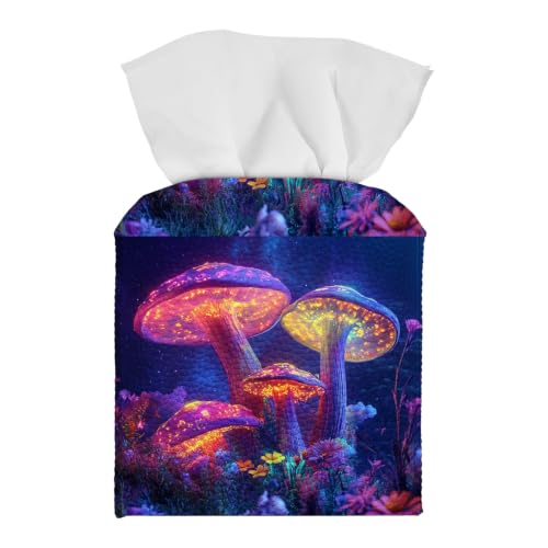 Tissue Box Cover Square, PU Leather Tissue Box Holder for Bathroom, Living Room & Office Desk, Glowing Neon Mushrooms in Alien Forest, Decorative Modern Tissue Box Cover - color: Glowing Neon Mushrooms in Alien Forest