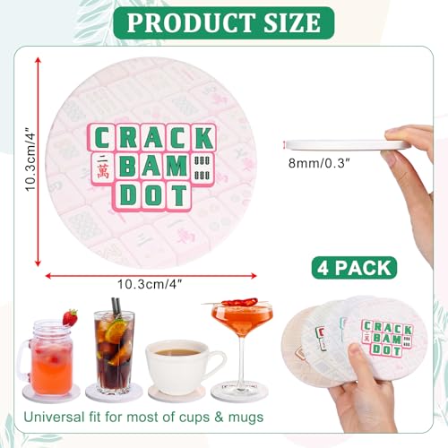 Drink Coasters Set of 4, Decorative and Absorbent Table Coaster with Holder | Funny Mahjong Pattern, 4 Inch Universal Fit, Round Ceramic Coaster, Non-Slip, Table Protection, Mahjong Accessories and Gifts - size: 4x4 in (Style 2)