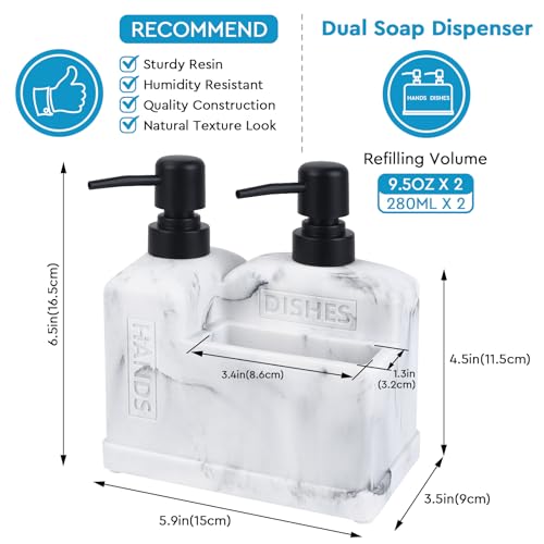 Kitchen Hand Soap and Dish Soap Dispenser Set,Dual Soap Dispenser with Sponge Holder 3-in-1 Organizer for Kitchen Sink,Bathroom,Useful Kitchen Gadgets - White Marble Look - color: 3 in 1 - White Marble Look