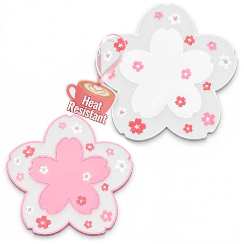Cherry Blossom Coaster for Desk Set of 2, Non-Slip PVC Cup Mats | Cute Pink Coasters, Heat-Resistant, 4.5 & 6.2 In Sizes; for Hot Drinks, Table Protection for Home & Office, Sakura Decor - color: 2pcs Cherry Coasters