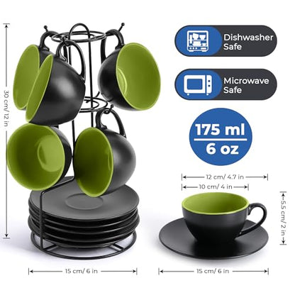MIAMIO - Set of 6, Ceramic Stackable Cappuccino Cups Set / 6 Ounce Cappuccino Mugs and Saucer with Metal Stand for Coffee Drinks, Cafe, Latte, Americano and Tea - Le Papillon Collection (Green) | Ceramic Cappuccino Cup Set of 6, Cappuccino Mugs & Saucer w