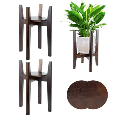 2 Packs Adjustable Plant Stand with Tray,Indoor Wood Plant Stand Fit 8'' to 12'' Planter,Mid Century Modern Flower Pot Holder Rack(Plant and Pot Not Included) Walnut - color: Walnut, size: 2 PACKS