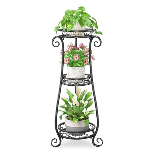 iDavosic.ly 3 Tier Tall Metal Plant Stand Outdoor Indoor, 34 Inch, Black | Corner Flower Pot Holder Shelf, Wrought Iron Vertical Display Rack for Patio Porch Garden, Heavy Duty, Sturdy, Space Saving - color: Glossy Black, size: 3 Tiers