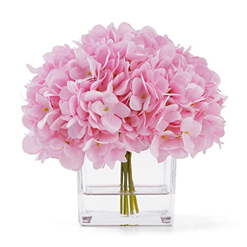 Silk Pink Hydrangea Artificial Flowers in Vase with Faux Water, Silk Flower Arrangements in Vase for Home Decor, Wedding Table (Pink) - color: Pink