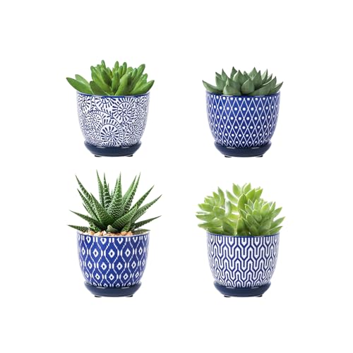Selamica Ceramic Succulent Pots with Drainage Holes, Small Flower Pots 3.5 Inch Plant Pots for Indoor Plants with Saucers, Cactus Succulent, Home Decor, Set of 4, Vintage Blue - color: Vintage Blue, size: 3.5 Inch, Set of 4
