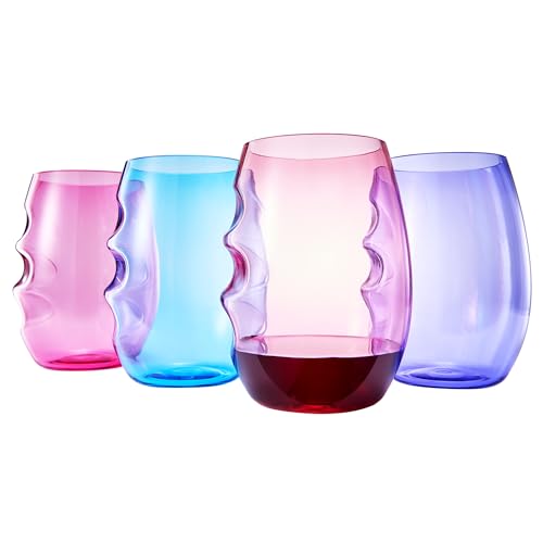 Unbreakable European Plastic Crystal, Stemless Wine Glasses | Set of 4, 13.5 OZ | Acrylic Tritan Set with 3-Finger Indentations - Pastel Colored Tumbler Set, BPA Free, Reusable, Naturally Aerates Wine - color: Pastel, size: Set of 4